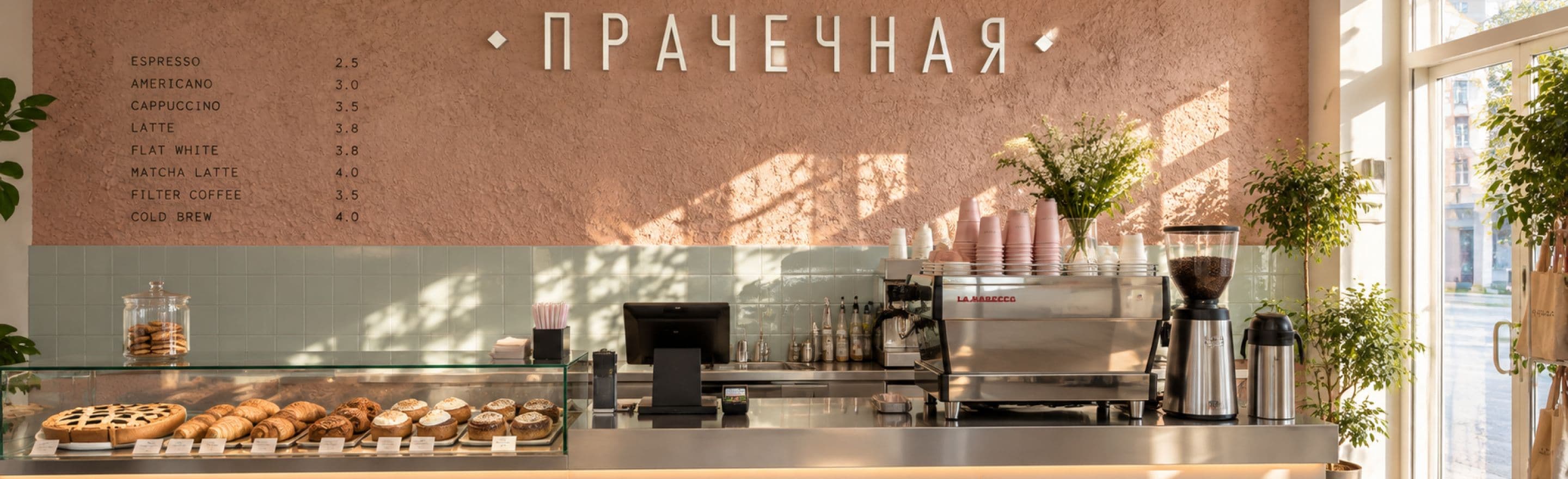 Стойка «Прачечной» на Рокоссовского: меню на розовой стене, витрина с выпечкой и кофемашина