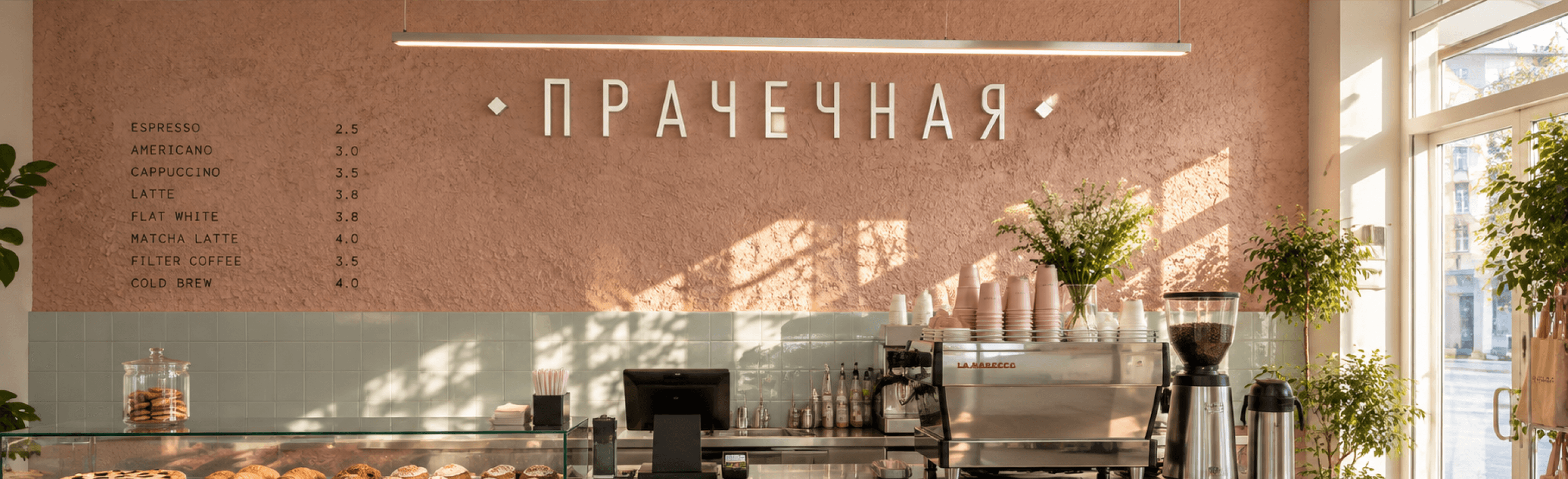 Стойка «Прачечной» на Рокоссовского: вывеска и меню на розовой штукатурке, кофемашина и витрина с выпечкой