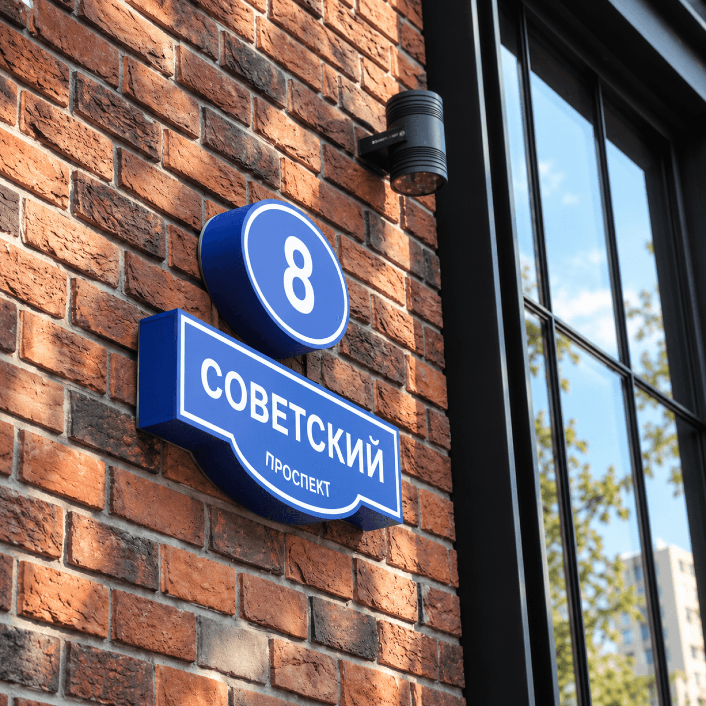 Синяя адресная табличка «Советский проспект, 8» на кирпичной стене у витрины