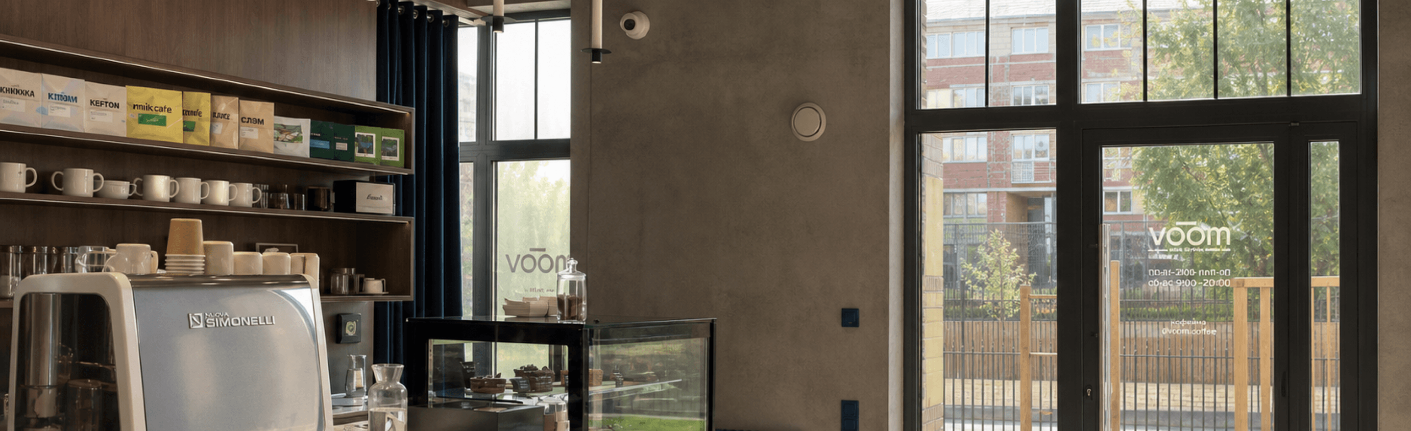 Кофейня Moov, улица Старшины Дадаева, 55к1 — барная стойка и витрина у панорамного окна