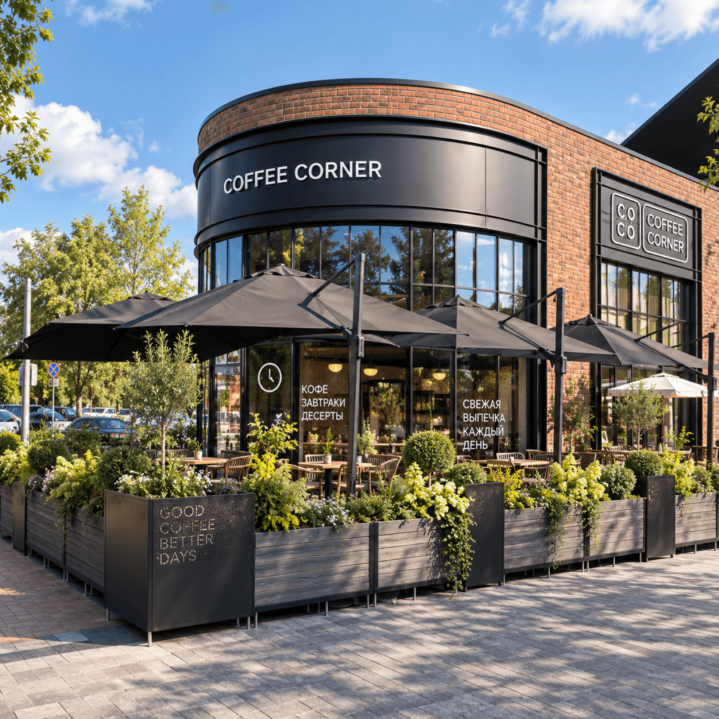 Coffee Corner до закрытия: угловой фасад с вывеской, летняя терраса под чёрными зонтами