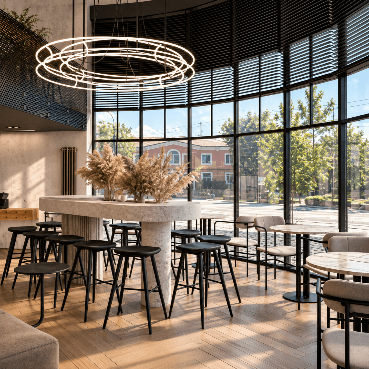 Зал Coffee Corner до закрытия: кольцевая лампа над каменным столом и окно во всю стену